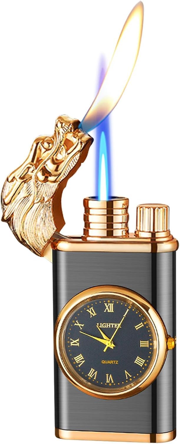 Refillable butane lighter with a built-in quartz watch and a dragon-embossed design.