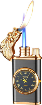 Refillable butane lighter with a built-in quartz watch and a dragon-embossed design.
