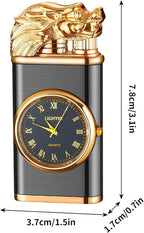Refillable butane lighter with a built-in quartz watch and a dragon-embossed design.