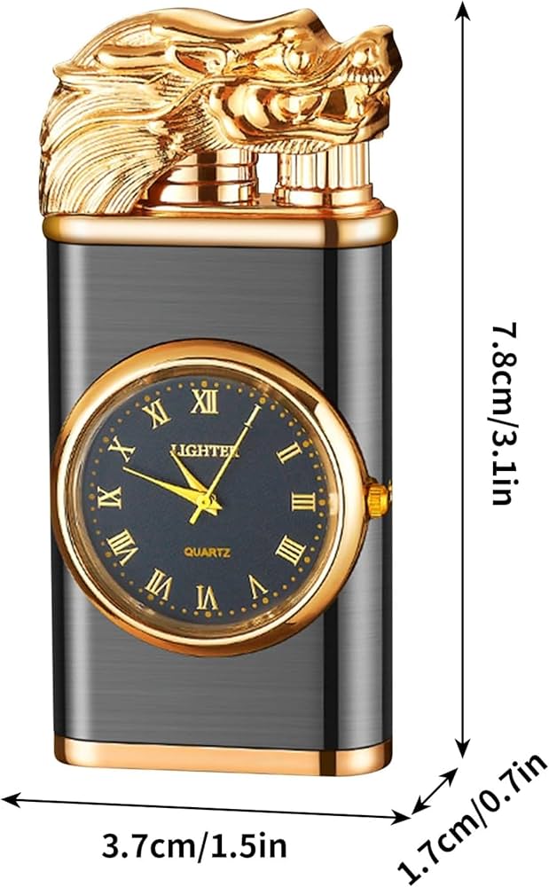 Refillable butane lighter with a built-in quartz watch and a dragon-embossed design.