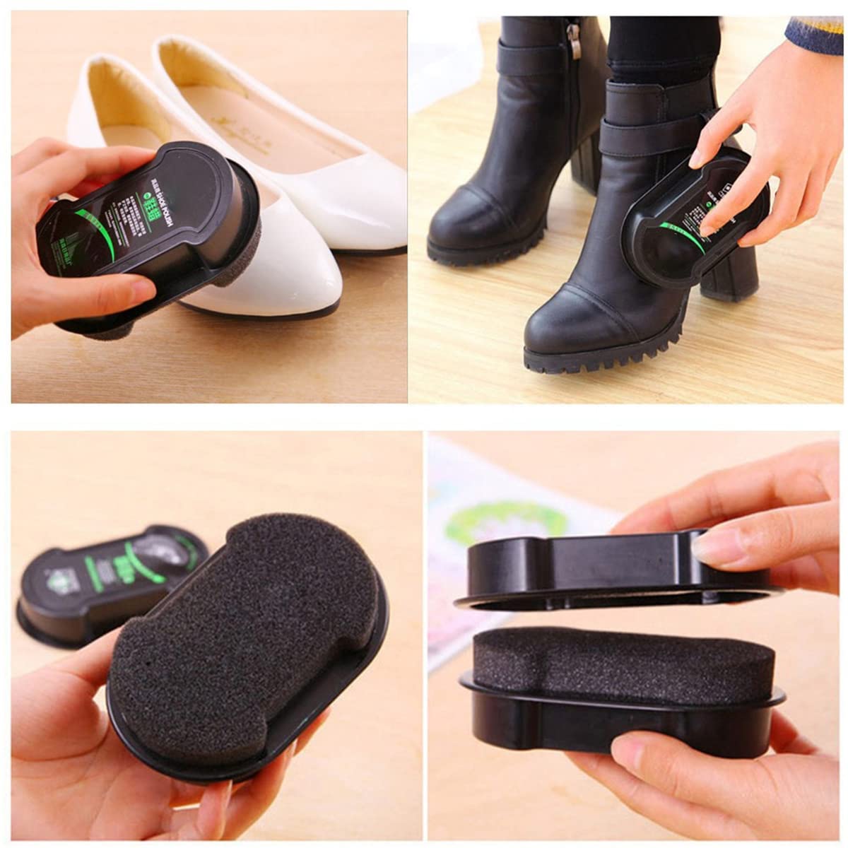 Double-sided instant shoe polish sponge.