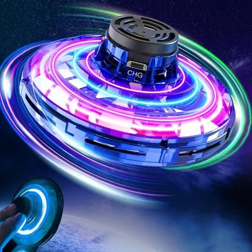 Hand-operated flying spinner mini- drone toy.